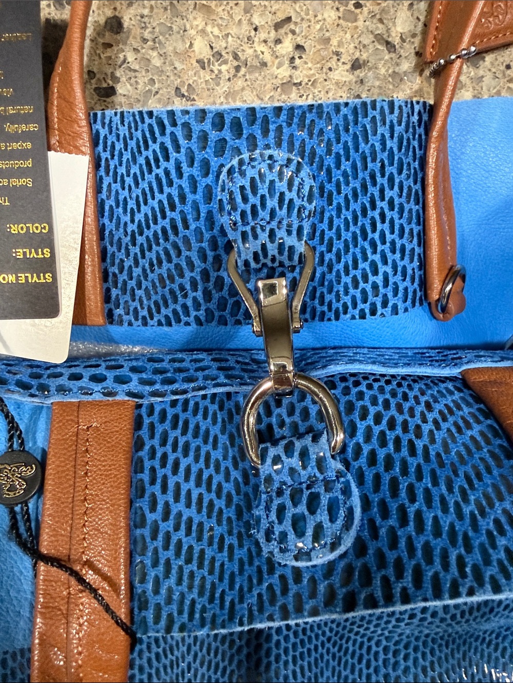 Sorial Rubina Blue Tote Bag with Brown Leather Handles - Picture 11 of 13